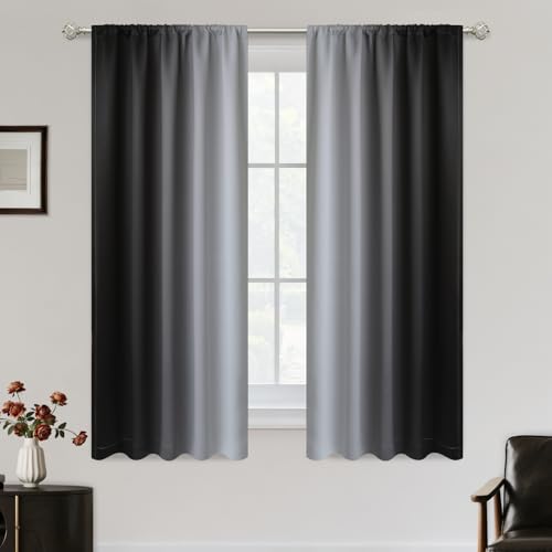 SimpleHome Ombre Room Darkening Curtains for Living Room, Rod Pocket Light Blocking Gradient Black to Greyish White Thermal Insulated Window Drapes for Bedroom, 2 Panels, 52x45 inches Length