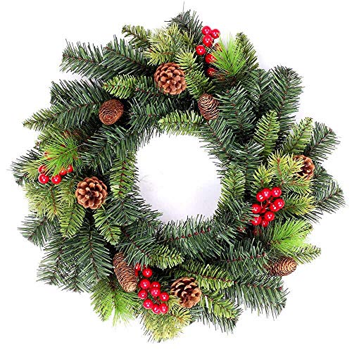 Shatchi Artificial 55cm Pre Lit Christmas Tree Wreath Garland Pre Decorated with Berries and Pine Cones Two Colours Mixed Tips Door Wall Hanging Decorations Xmas Home LED Light Up Décor