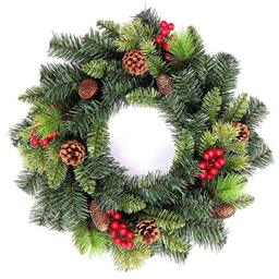 Shatchi Artificial 55cm Pre Lit Christmas Tree Wreath Garland Pre Decorated with Berries and Pine Cones Two Colours Mixed Tips Door Wall Hanging Decorations Xmas Home LED Light Up Décor