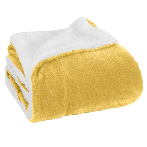 Elegant Comfort Luxury Ultra-Plush Velvet Touch Fleece Throw Soft, Warm, Cozy- Micromink Sherpa-Backing Reversible Blanket for Bed, Sofa and Couch, Solid Yellow
