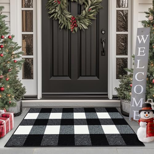 "FONEYI Buffalo Plaid Outdoor Rug, 20""x32"" Checkered Front Door Mat, Non Slip Absorbent Entryway Rug Doormat Indoor, Washable Outdoor Rugs for Layered Door Mats Front Porch/Farmhouse Black and White"