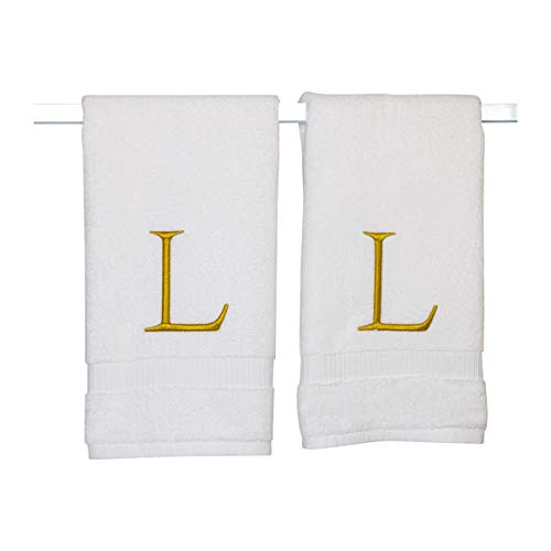 White with Gold Monogrammed Hand Towels for Bathroom - Set of 2 Letter L - Luxury Hotel Quality Initial Towels For Powder Room, Spa, GOTS Organic Certified