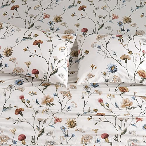 "DAUAOTO 100% Cotton Bedding Printed Sheets Set for Queen Size Bed Up to 14"" Deep Mattress, Floral Botanical Pattern Bedlinen Sets"