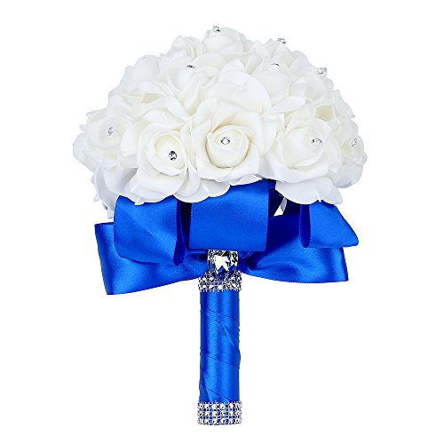 Febou Wedding Bouquet, Handmade Blue Bridesmaid Bouquet Bridal Bouquet with Crystals Soft Ribbons, Artificial Rose Flowers for Wedding, Party and Church (Royal Blue)