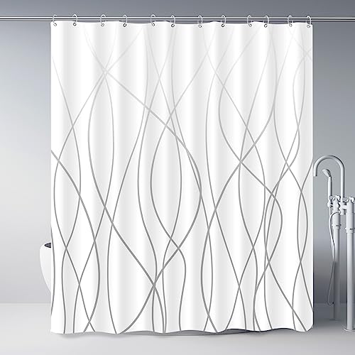 Punkray Ombre Grey Shower Curtain for Bathroom with Hooks Shower Curtain Set Stripe Bath Curtains Decorative White Shower Curtains Water Repellent Washable, 72 x 72