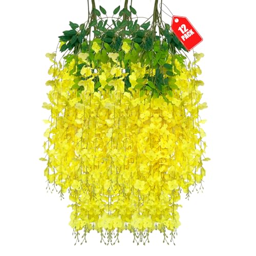 ZEBMOON 12 Pack Yellow Wisteria Hanging Flowers, 3.44 Ft Fake Hanging Flowers, Artificial Wisteria Garland Vines for Wedding Room Backdrop Outdoor Patio Garden Decoration