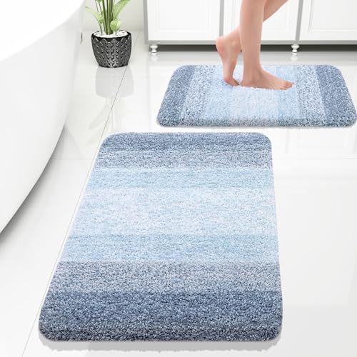 "OLANLY Bathroom Rug Set 2 Piece, Soft Absorbent Microfiber Bath Rug Set, Non-Slip, Machine Wash Dry, Plush Shaggy Bath Mats for Bathroom (30""x20""+24""x16"", Blue)"