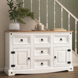 Corona White Sideboard 2 Door 5 Drawer Solid Pine Wood with Whitewash Finish 76cm H x 125cm W x 40cm D
