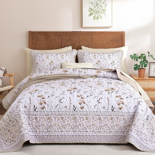 "WONGS BEDDING Floral Quilt Set King,Brown Flowers Bedspread Bedding,3 Pieces Lightweight Farmhouse Bedding Set Soft Flower Coverlet Sets for All Seasons (104""x90"")"