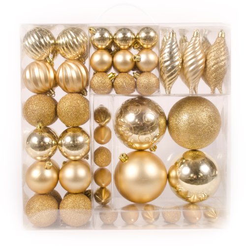 WeRChristmas 75-Piece Deluxe Variety Christmas Tree Baubles Decoration Pack, Gold