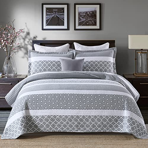 DUOHONG Quilts Queen Size - Queen Quilt Bedspread Sets, 100% Cotton Quilted Bedding Set for Queen Bed, 3 Pieces Floral Striped Reversible Lightweight Comforter, Bluish Grey
