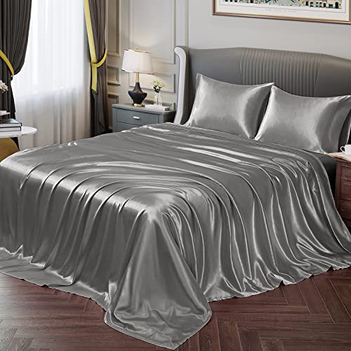 Vonty Satin Sheets Queen Set, Silky Soft Satin Bed Sheets, Misty Gray, 1 Deep Pocket Fitted + 1 Flat + 2 Pillowcases