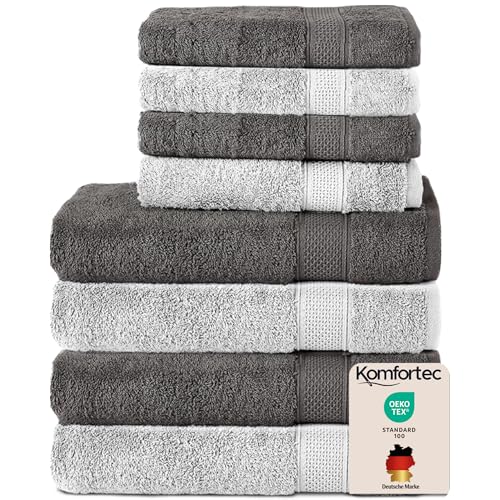 Komfortec Set of 8 Hand Towels 100% Cotton, 4 Bath Towels 70 x 140 cm and 4 Hand Towels 50 x 100 cm, Terry Towelling, Soft, Towel, Large, Anthracite/White