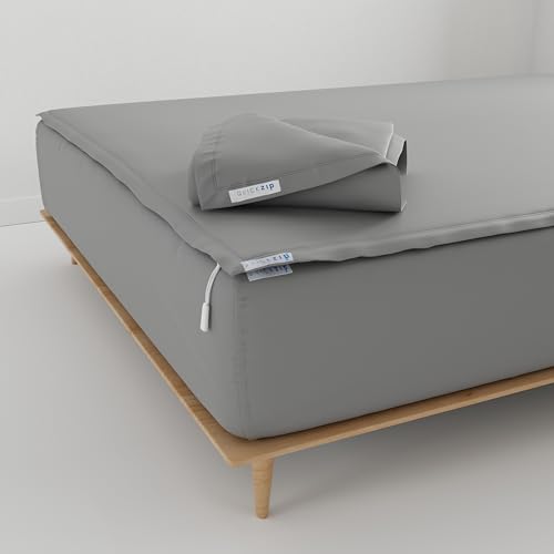 QuickZip Fitted Plus Spare Bundle: 1 Fitted Sheet (Base + Zip Sheet) & 1 Zip Sheet - Easy to Change, Won’t Pop Off - Soft Sateen 400 TC 100% Cotton 15” Deep Pockets Twin XL Size Sheets – Slate Gray