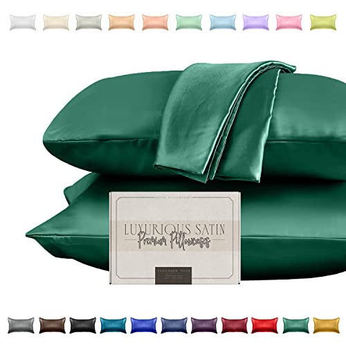 Elegant Comfort Silky and Luxurious 2-Piece Satin Pillowcase Set for Healthier Skin and Hair, Hidden Zipper Closure and Beautifully Packaged, Satin Pillowcase Set, King, Hunter Green