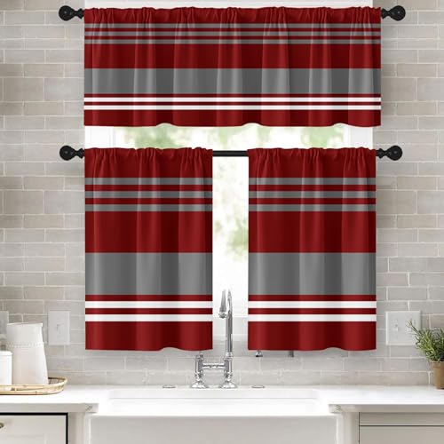 Tayney Red Grey Kitchen Window Curtains and Valances Set, Stripes Geometric Art Rod Pocket Short Tier Curtain, Modern Abstract Small Cafe Drapes for Kitchen Decor