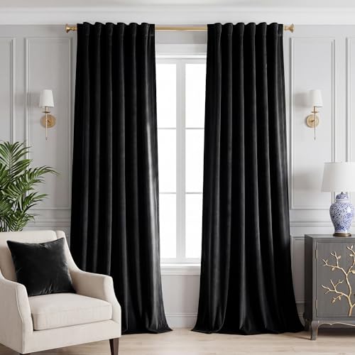 StangH Black Velevt Curtains 90 inches Long - 2 Panels Blackout Room Darkening Drapes for Bedroom Thermal Insulated Window Curtains for Industrial Decor/Bedroom/Living Room, W52 x L90, 2 Panels