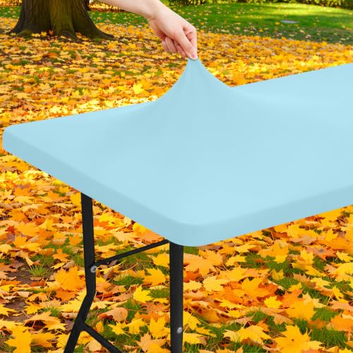 "Moosfor Spandex 8 Foot Rectangle Table Cloth, Elastic Fitted Tablecloths for Picnic, Stretch Washable Patio Table Cover for Outdoor, Camping, Banquet and Parties (Baby Blue, 30""x96"")"