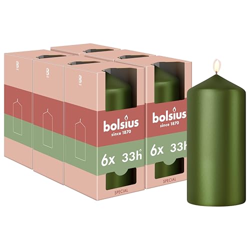 Bolsius - Special Essentials - Smooth Pillar Candles - Set of 6 - Green Metallic - 12 cm - Decorative Candles - Made with Natural Plant-Based Wax - Palm Oil Free