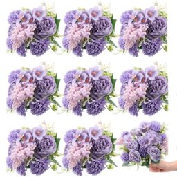 Zeyune 8 Pcs Wedding Silk Flowers Fake Silk Flowers Faux Bouquet Hydrangea Bouquets for Wedding Birthday Party Table Centerpieces Home Decoration(Purple,Peony)