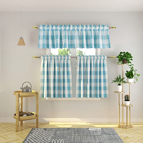 "NATUS WEAVER 3 Pc Cotton Classic Country Farmhouse Kitchen Window Curtain - Sky Blue & White Buffalo Check Tier & Valance Set, 54"" x 18"" / 27"" x 30"""