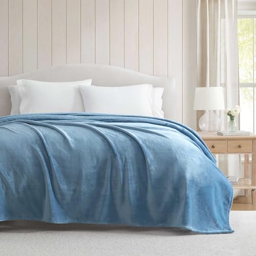 Martha Stewart - Twin Size Blanket, Ultra-Soft Plush Fleece Throw Blanket with Double-Needle Stitching, 350 GSM, Medium Weight Bedding for Bed or Couch (Bedford Solid Blue)