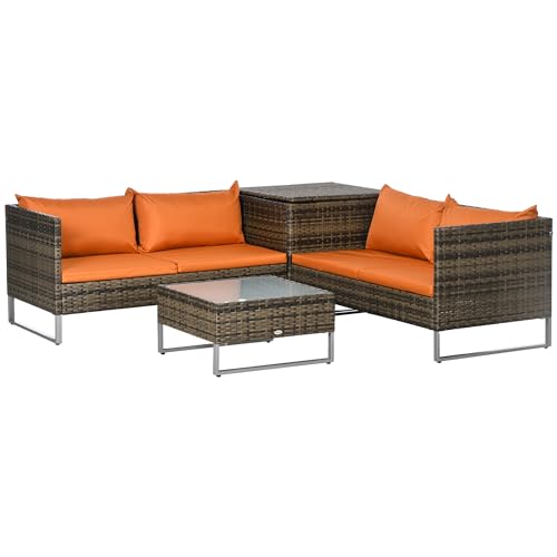 Outsunny 4 Seater Rattan Corner Sofa Set, Wicker Rattan Garden Furniture Set with Loveseats, Tables, Cushions for Outdoor, Patio, Orange
