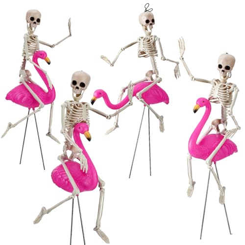 Simgoing 8 Pcs Halloween Skeleton & Flamingo Decoration Set - Pink Flamingo & Plastic Skeleton Statue - Outdoor Garden Lawn Ornament