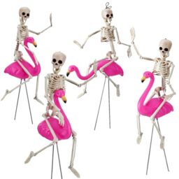 Simgoing 8 Pcs Halloween Skeleton & Flamingo Decoration Set - Pink Flamingo & Plastic Skeleton Statue - Outdoor Garden Lawn Ornament