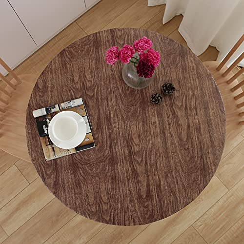 "NLMUVW Round Fitted Vinyl Tablecloth with Elastic Edge 100% Waterproof Oil Proof PVC Table Cloth Wipe Clean Table Cover for Indoor and Outdoor, Dark Wood, 40""- 44"""