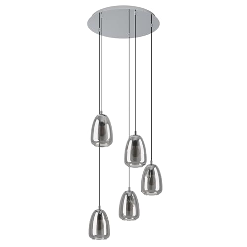 Eglo Cluster Pendant Lighting Alobrase, Ceiling Light Fitting with 5 Shades, Hanging lamp for Dining Room Made of Chrome-Coloured Metal and Smoked Glass in Transparent Black, E27 Socket, 21.3”