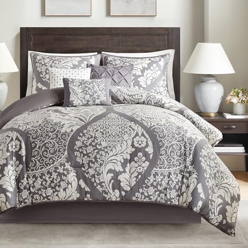 "Madison Park All Season Lightweight Bedding, Shams, Bedskirt, Decorative Pillows, cotton sateen, Vienna Grey, Cal King(104""x92"")"