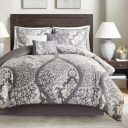 "Madison Park All Season Lightweight Bedding, Shams, Bedskirt, Decorative Pillows, cotton sateen, Vienna Grey, Cal King(104""x92"")"