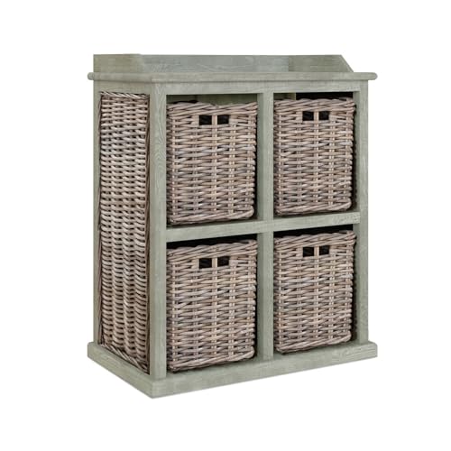 FWStyle Solid Greywash Pine 4 Drawer Storage Unit with Kubu Rattan Baskets, Rustic 2 Over 2 Ready Assembled Chest for Bedroom, Hallway or Living Room, H84 x W70 x D40 cm