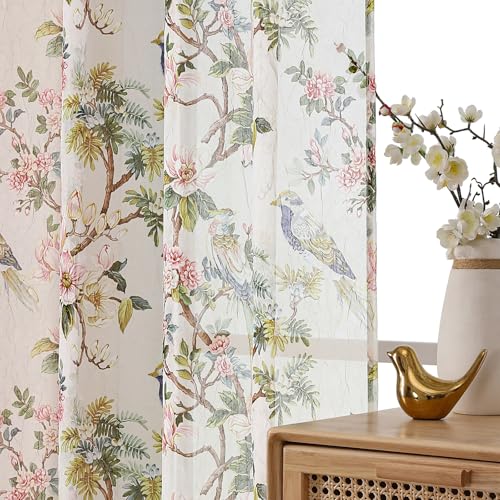 "OWENIE Printing Sheer Curtians 54 Inch Length Kitchen Curtain 2 Panels Set, Rod Pocket Printing Small Window Living Room Curtains with Floral Bird, Farmhouse Light Filtering Short Curtains, 42""x54"""