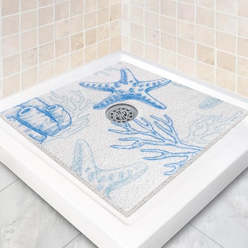Square Shower Mat Non Slip: 32 x 32 Inch Extra Large Shower Mats with Drain Hole in Middle - PVC Loofah Anti Slip Shower Floor Matt for Inside Shower