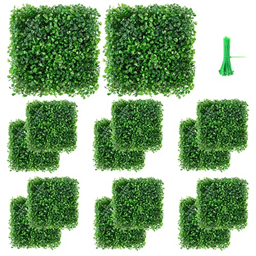 "Vevitts 12 Packs 10""x10"" Artificial Boxwood Hedges Mat with Cable Ties, Grass Wall Panels UV Privacy Fence Screen Greenery Panel for Indoor & Outdoor Decor"