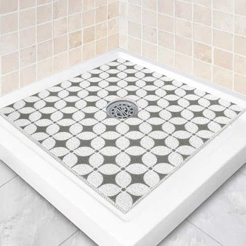 Square Shower Mat Non Slip: 24 x 24 Inch Extra Large Shower Mats with Drain Hole in Middle - PVC Loofah Anti Slip Shower Floor Matt for Inside Shower
