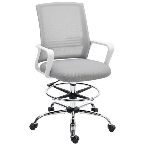 HOMCOM Drafting Chair, Swivel Draughtsman Chair, Ergonomic Office Chair, Mesh Standing Desk Chair with Lumbar Support, Adjustable Foot Ring, Adjustable Height, Grey