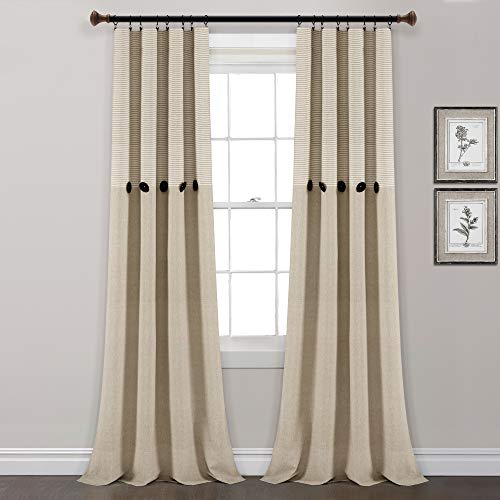 "Lush Decor Beige Linen Farmhouse Woven Cotton Window Curtain Panel Set, Button Stripe, Yarn Dyed (84"" x 40"")"
