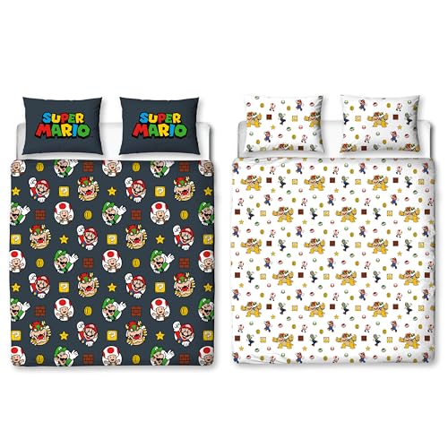 Nintendo Super Mario Official Double Duvet Cover Set with Mario, Luigi and Bowser Design - Black Reversible 2 Sided Bedding Cover Official Merchandise Including Matching Pillow Cases