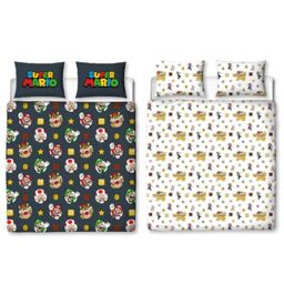 Nintendo Super Mario Official Double Duvet Cover Set with Mario, Luigi and Bowser Design - Black Reversible 2 Sided Bedding Cover Official Merchandise Including Matching Pillow Cases