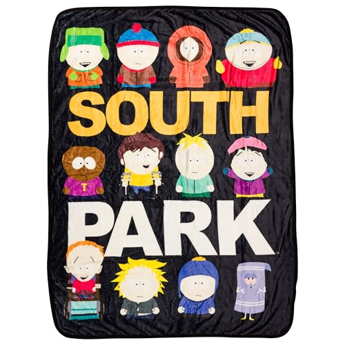 "Silver Buffalo South Park Featuring Kyle, Stan, Kenny, Eric Cartman, Tolkien, Jimmy, Butters, Wendy, Timmy, Tweek Tweak, Craig, and Towelie 45"" x 60"" Fleece Throw, Soft and Cozy Blanket, 180 GSM"