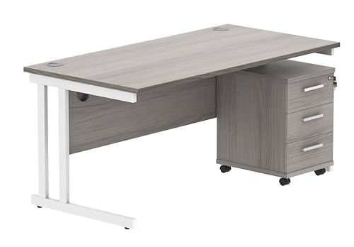 Office Hippo Heavy Duty Rectangular PC Office Desk with Storage, 3 Drawer Mobile Pedestal, White Frame, Alaskan Grey Oak Top, 160 x 80 x 73 cm