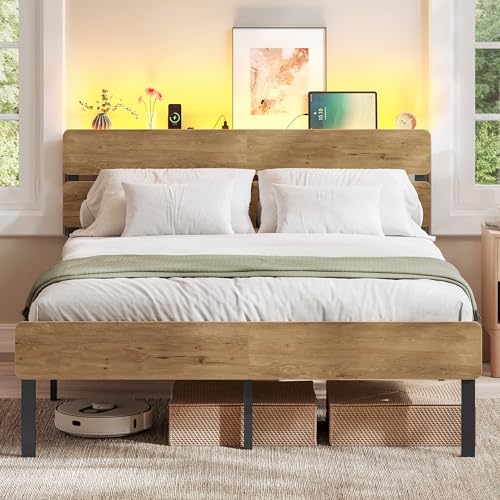 VASAGLE Double Metal Bed Frame, 135 x 190 cm, LED Lights, USB and Type-C Ports, Under-Bed Storage Space, Industrial Style, Easy Assembly, Natural Brown, RMB106K01
