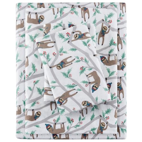 SLEEP PHILOSOPHY True North Cozy Flannel 100% Cotton Ultra Soft Cold Weather Sheet Set Bedding, Queen, Multi Sloth