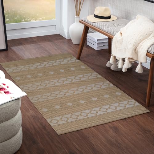 Livabliss Parita Caria Machine Washable Geometric Runner – Living Room 79x152 cm, Dining, Kitchen, Outdoor, Hallway Use, Traditional Boho Style, Tan Beige Cream