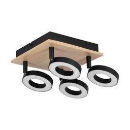 Eglo LED Ceiling Lamp Rielves, Light with 4 Adjustable Spots, Swivelling Spot Bar, Spotlight in Brown Wood and Black Metal, FSC Certified, Warm White, 17 x cm