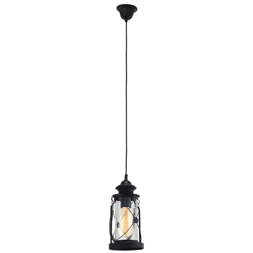 Eglo Bradford Pendant Lamp, Vintage Ceiling Light in Black Steel and Clear Glass, Hanging Lantern, Dining and Living Room Lighting, E27 Socket