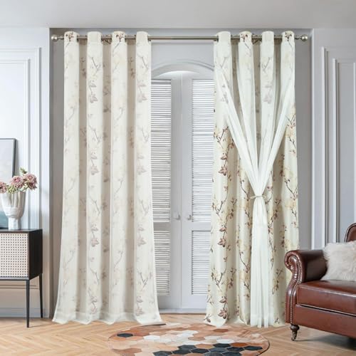 VOGOL Floral Double Layer Room Darkening Curtains, 52 x 96, 2 Panels, Beige - White Sheer Layer, Soft Fabric Texture, Floral Pattern Detail, for Living Room and Bedroom